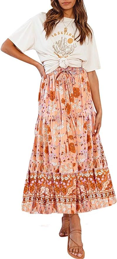 MEROKEETY Women's Boho Floral Print Elastic High Waist Pleated A Line Midi Skirt | Amazon (US)