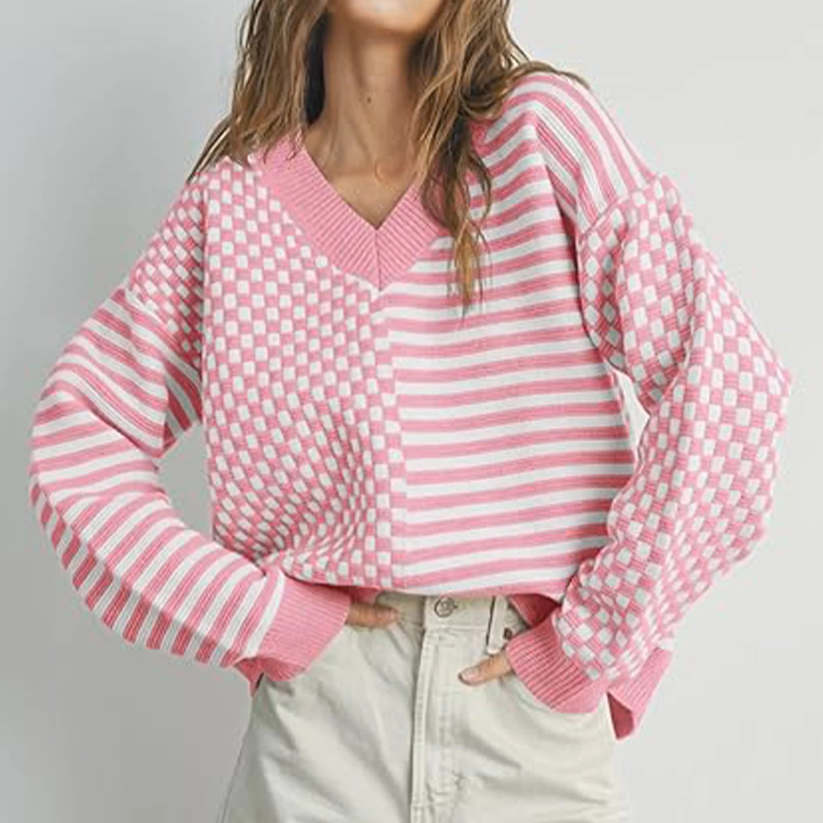 PiGOGI Women's Striped Checkerboard Sweater VNeck Long Sleeve Knit Top Winter Casual Fashion Pink... | Walmart (US)