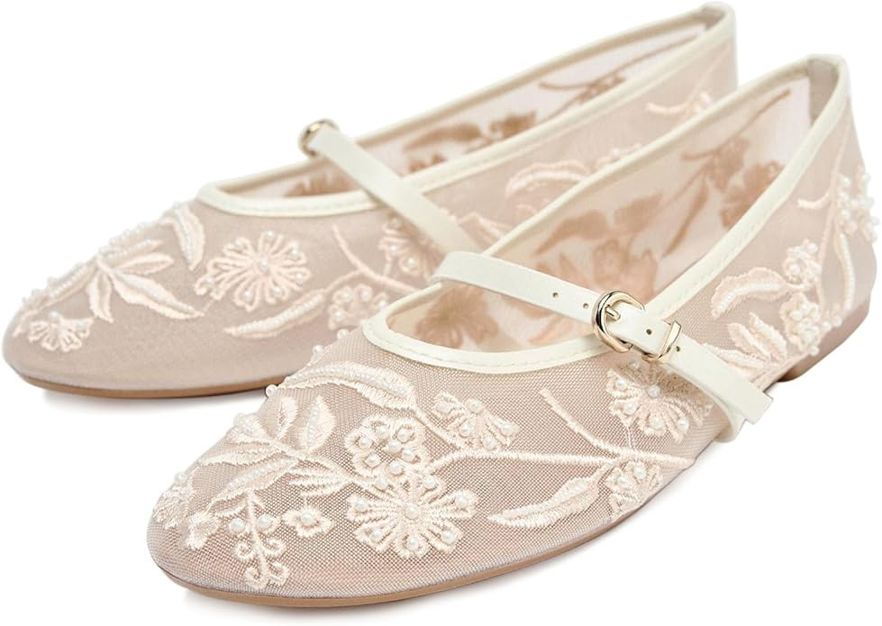 Ballet Flats with Strap for Women Floral Ballet Flats Mesh Shoes Women Flat Slip On Ballerina Sho... | Amazon (US)