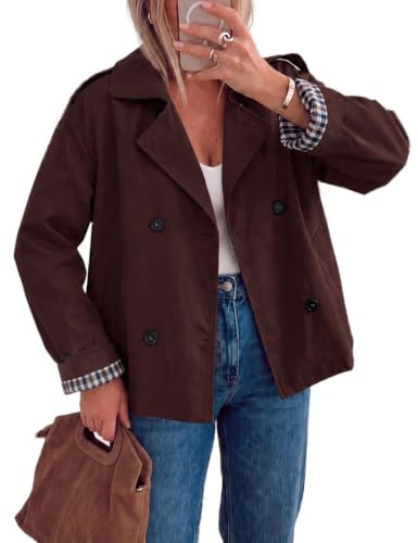 Dqbeng Womens Cropped Trench Coat Double Breasted Short Trench Jacket with Plaid Lining (Brown-XS) | Amazon (US)