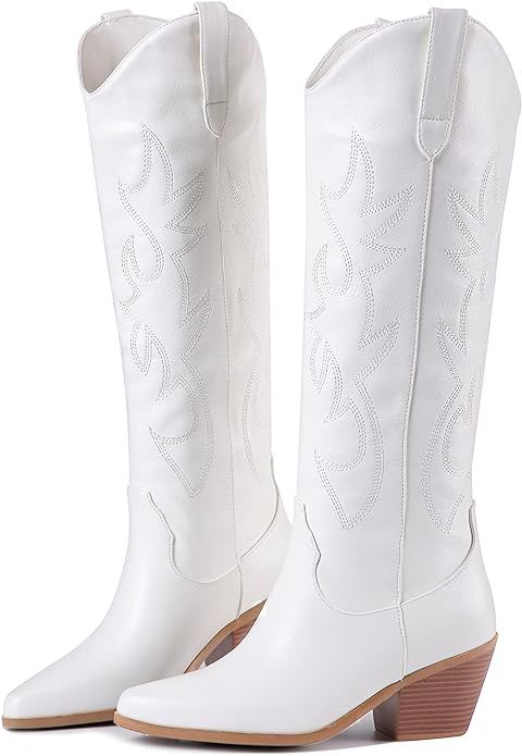Ojiaoer Women's Embroidered Western Cowboy Boots, Fashionable Pull-On Almond Shaped Pointed Toe K... | Amazon (US)