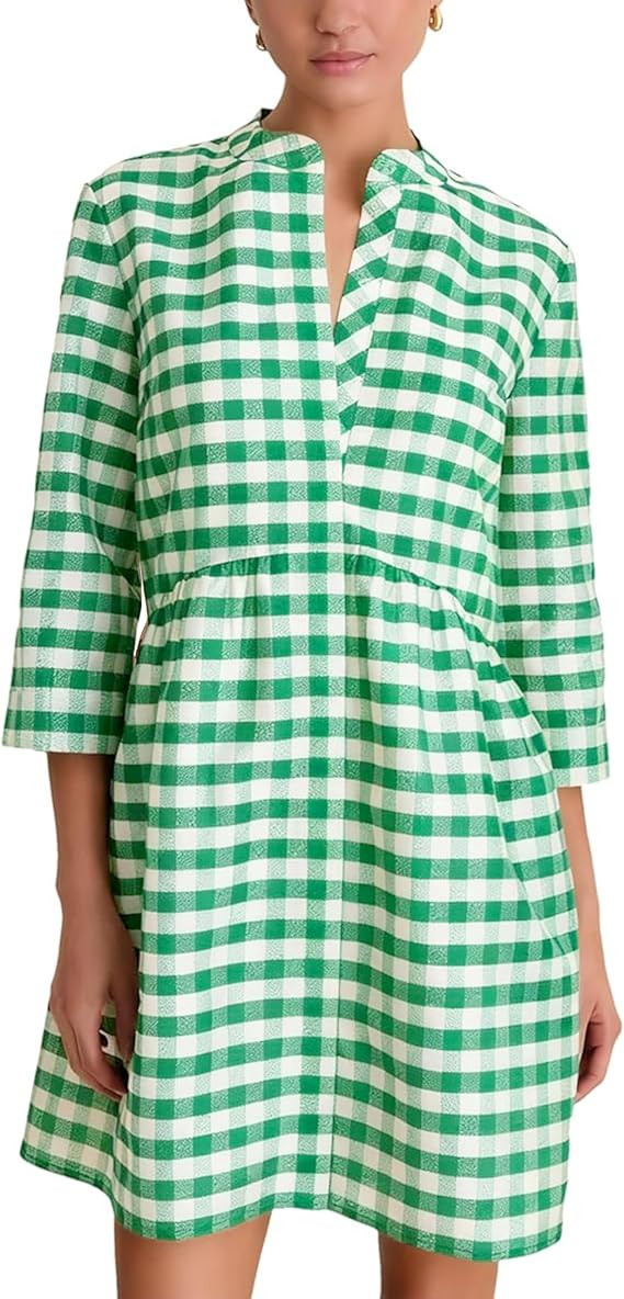 Shiyifa Womens Summer Gingham Empire Waist Dresses V-Neck 3/4 Sleeve Midi Dress Sundress with Poc... | Amazon (US)