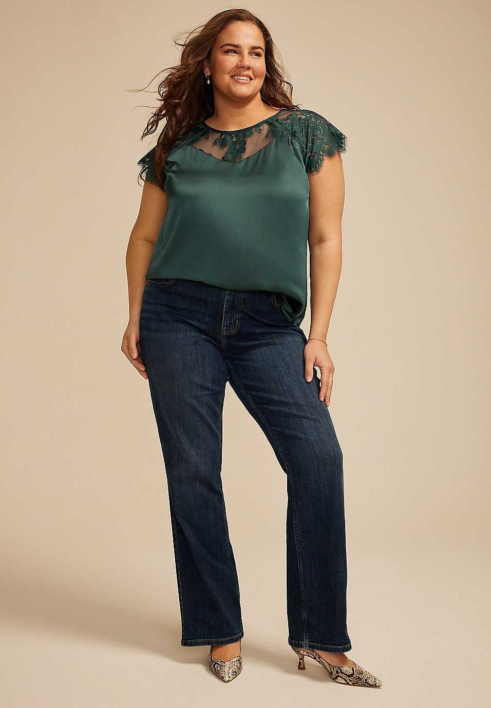 Plus Size Mixed Fabric Lace Short Sleeve Blouse | Maurices