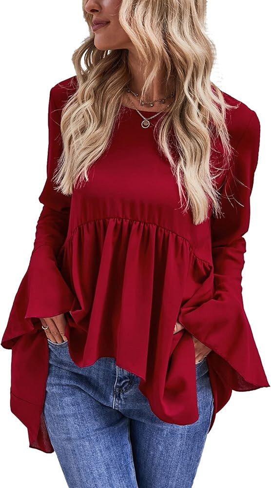 SheIn Women's Flounce Sleeve High Low Peplum Blouse Long Sleeve Blouse Tops | Amazon (US)