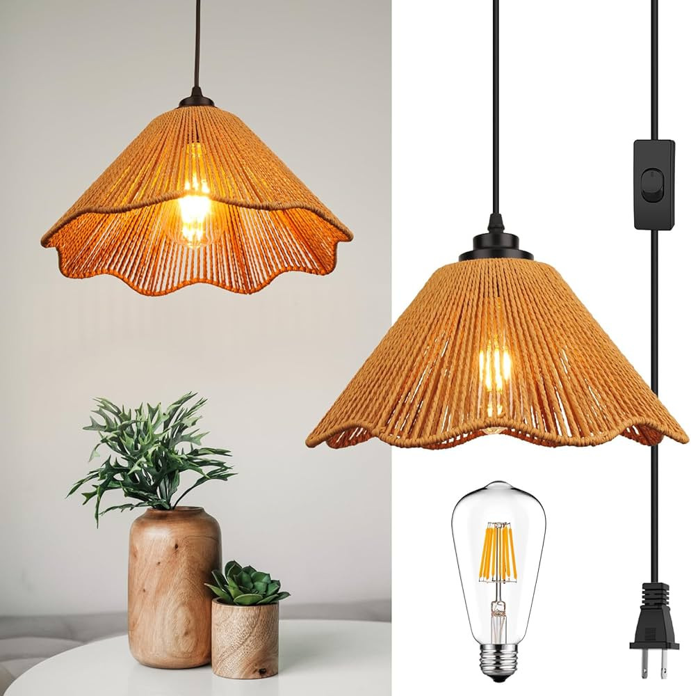 Plug in Pendant Light,Rattan Hanging Lights with Plug in Cord 13FT Hemp Black Cord, On/Off Switch... | Amazon (US)