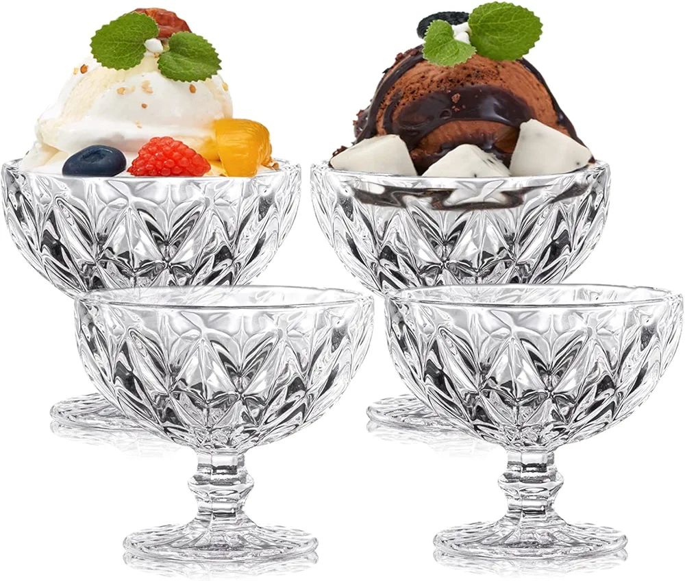 TIMEFOTO Ice Cream Glass Bowls Set of 4 Diamond Large Dessert Bowls 12.5 Oz Vintage Diamond Glass... | Amazon (US)