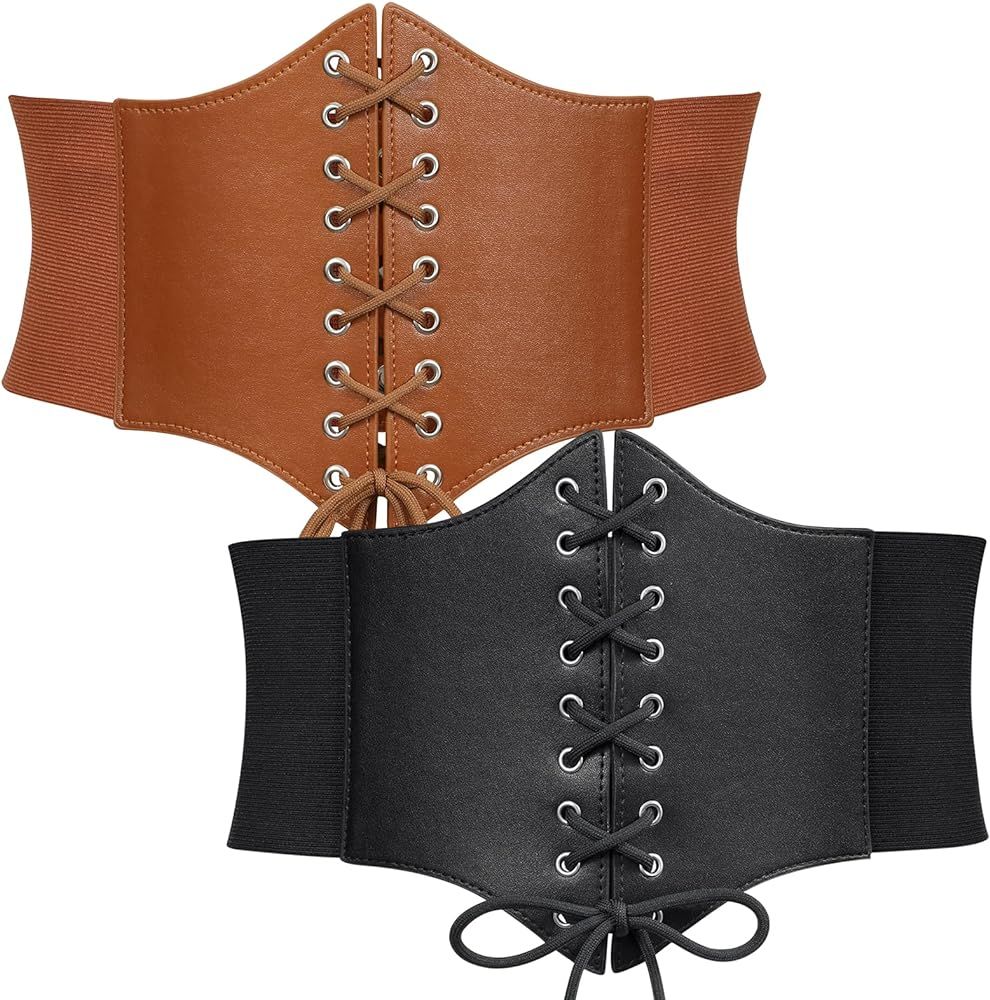 WERFORU Women Corset Elastic Belt Wide Vintage Lace-up Tied Costume Waspie Waist Belt Halloween | Amazon (US)