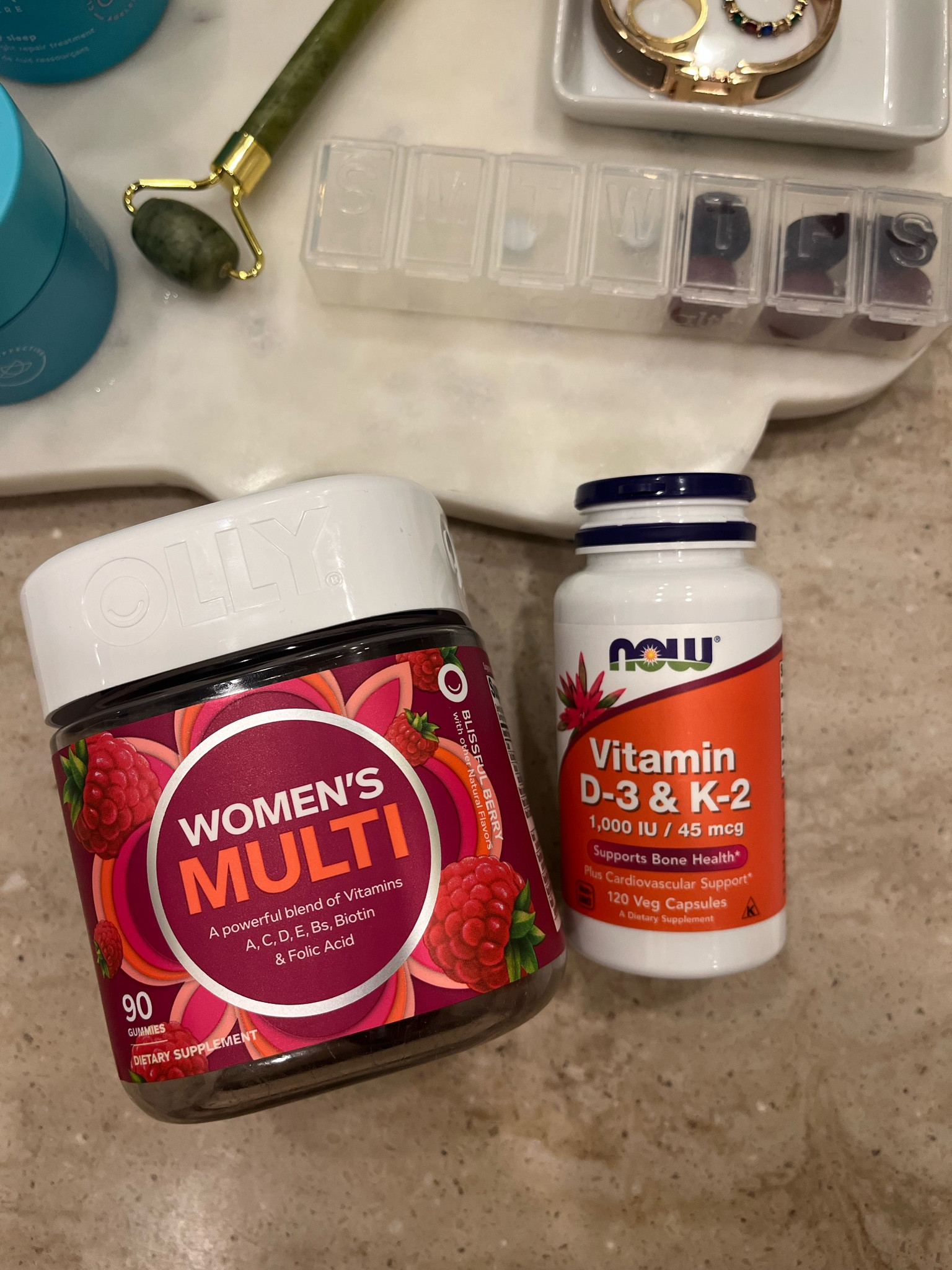 Daily supplements 
Olly multi vitamin (immunity, skin, hair nails, B vitamins) 
D3-K2 bone health supplements 