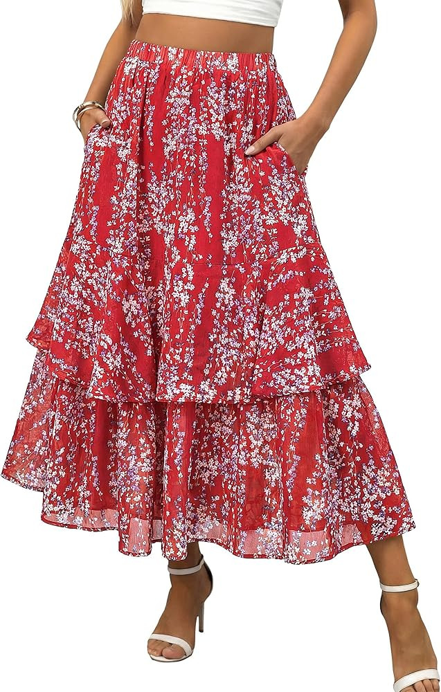 luvamia Long Skirts for Women Floral Flowy Boho Tiered Ruffle A Line Summer Chiffon Elastic Waist... | Amazon (US)