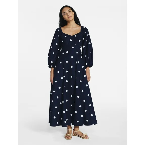 Free Assembly Women's and Women's Plus Cotton Polka Dot Maxi Dress with Puff Sleeves, Size-XS-4X | Walmart (US)
