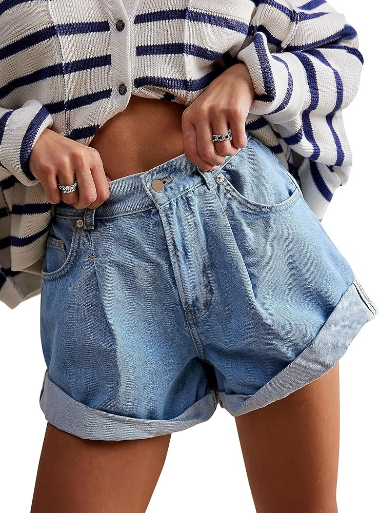 Womens Jean Shorts, Stretchy Denim Shorts with Pockets Elastic Waisted Relaxed Fit | Amazon (US)