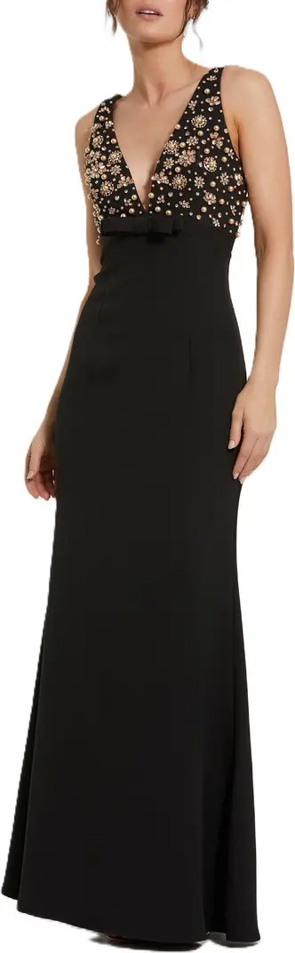 Mac Duggal Crepe Sleeveless Beaded V Neck Gown With Bow | Nordstrom | Nordstrom