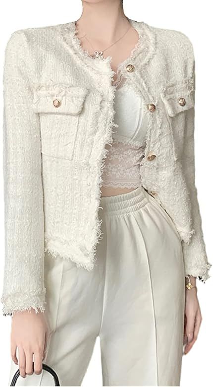 SaytoRose Women's Plaid White Tweed Blazer Open Front Collarless Blazer Elegant Work Cropped Jack... | Amazon (US)