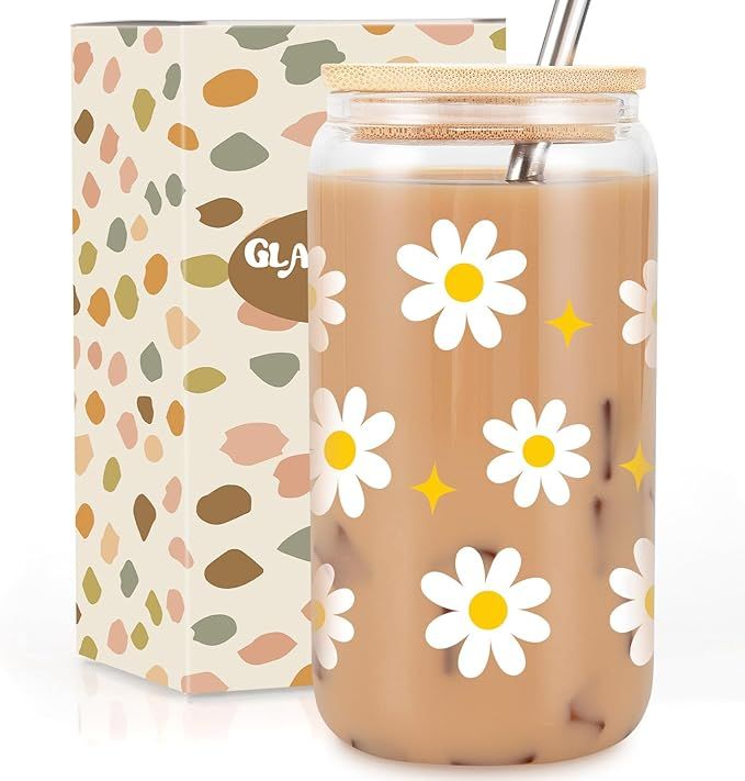 GSPY Daisy Iced Coffee Cup, 16oz Glass Cups with Lids and Straws, Daisy Gifts for Women - Flower ... | Amazon (US)