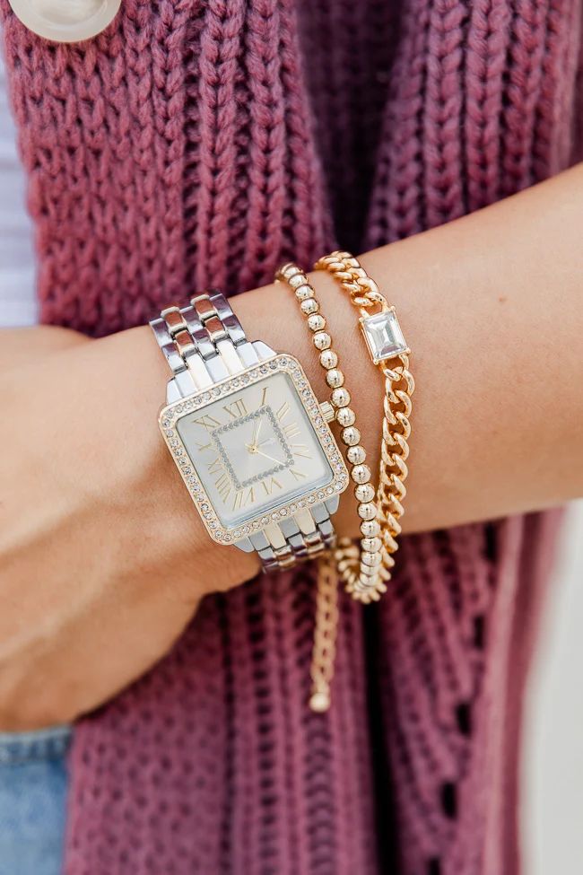 Right On Time Silver And Gold Two Tone Square Face Watch | Pink Lily