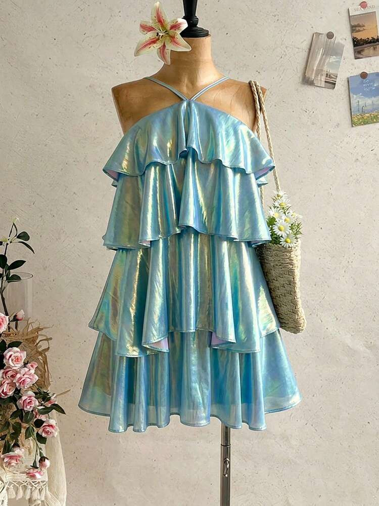 Soleia New Elegant Romantic Wedding Guest Solid Color Backless Multi-Layer Ruffle Chiffon Mini Dr... | SHEIN