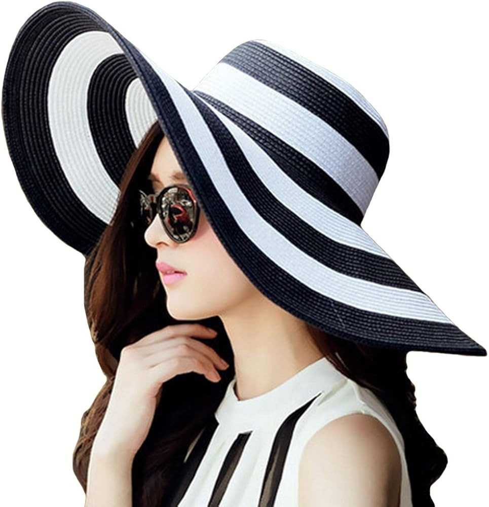 Itopfox Women's Beachwear Sun Hat Striped Straw Hat Floppy Big Brim Hat | Amazon (US)