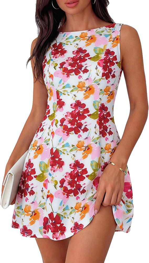 PRETTYGARDEN Womens 2026 Summer Short Dress Floral Sleeveless Boat Neck A Line Formal Cocktail Pa... | Amazon (US)