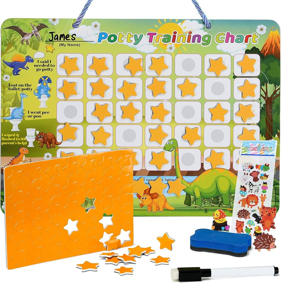 Potty Training Chart For Toddlers Boys, Dinosaur Theme, With 35 Reusable Magnetic Stars and Cool ... | Amazon (US)