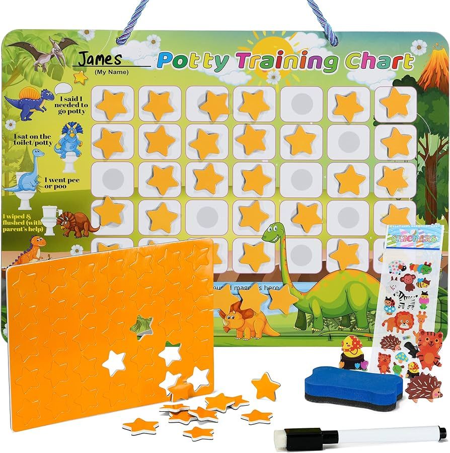 Potty Training Chart For Toddlers Boys, Dinosaur Theme, With 35 Reusable Magnetic Stars and Cool ... | Amazon (US)