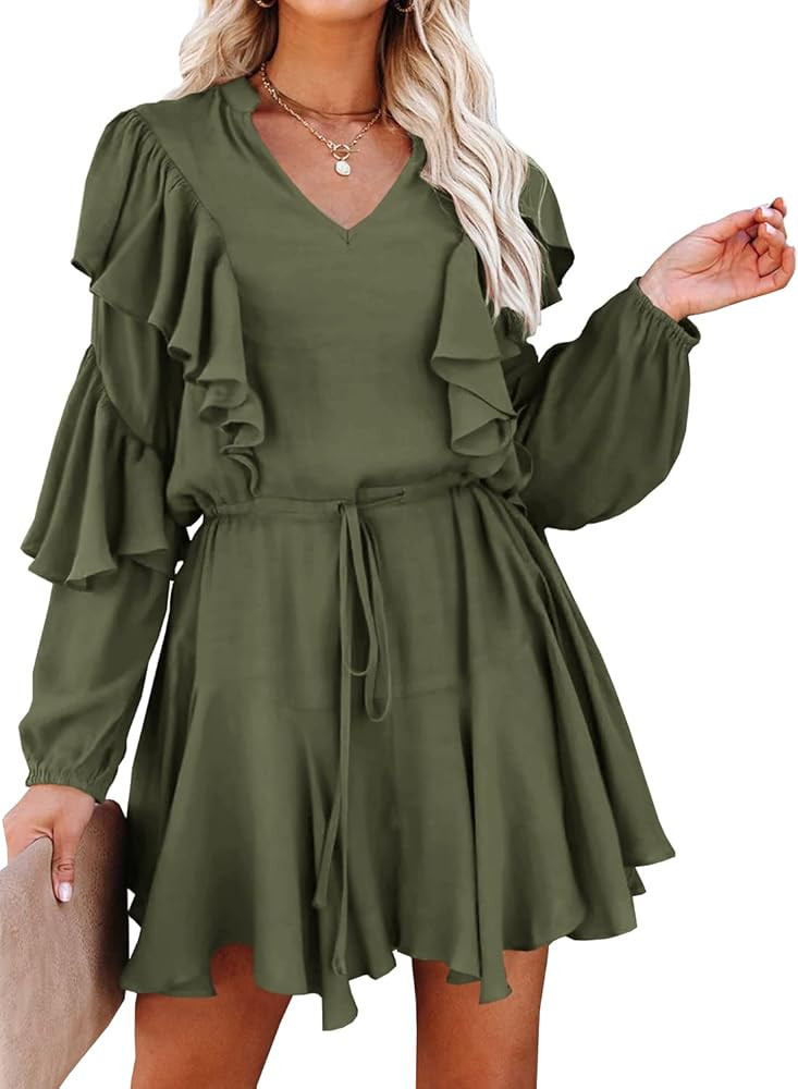 MITILLY Women's Split V Neck Ruffle Long Sleeve Polka Dot Casual Loose Swing Short Dress | Amazon (US)