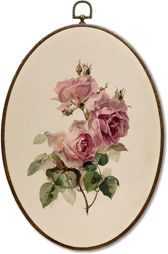 JQF Vintage Antique Pink Rose Oval Wall Art, Spring French Botanical Oval Canvas Wall Art, Rustic... | Amazon (US)
