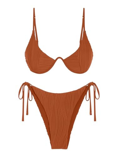 ZAFUL Womens Bikini Set Sexy Triangle Thong Two Piece Swimsuit for Summer Beach Solid Cheeky Bikin Caramel S | Amazon (US)
