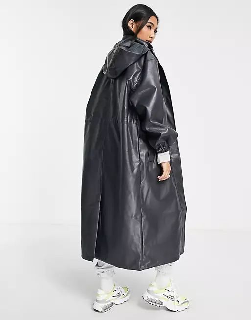 ASOS DESIGN leather look longline parka coat in dark gray | ASOS (Global)