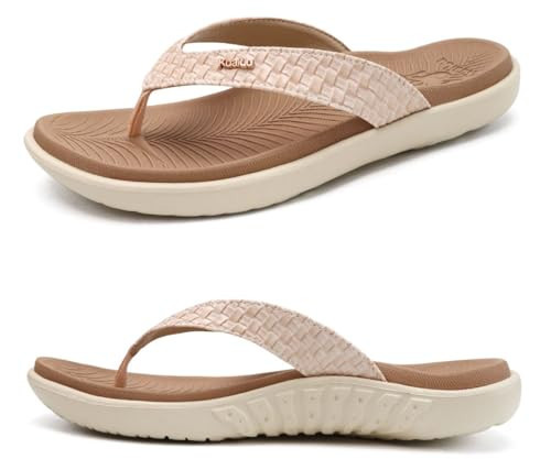 KuaiLu Flip Flops for Women Ladies Yoga Mat Comfortable Sport Walking Thong Sandal With Plantar Fasciitis Arch Support Slip-on Slides Indoor Outdoor For Summer Size 8.5 Beige White | Amazon (US)