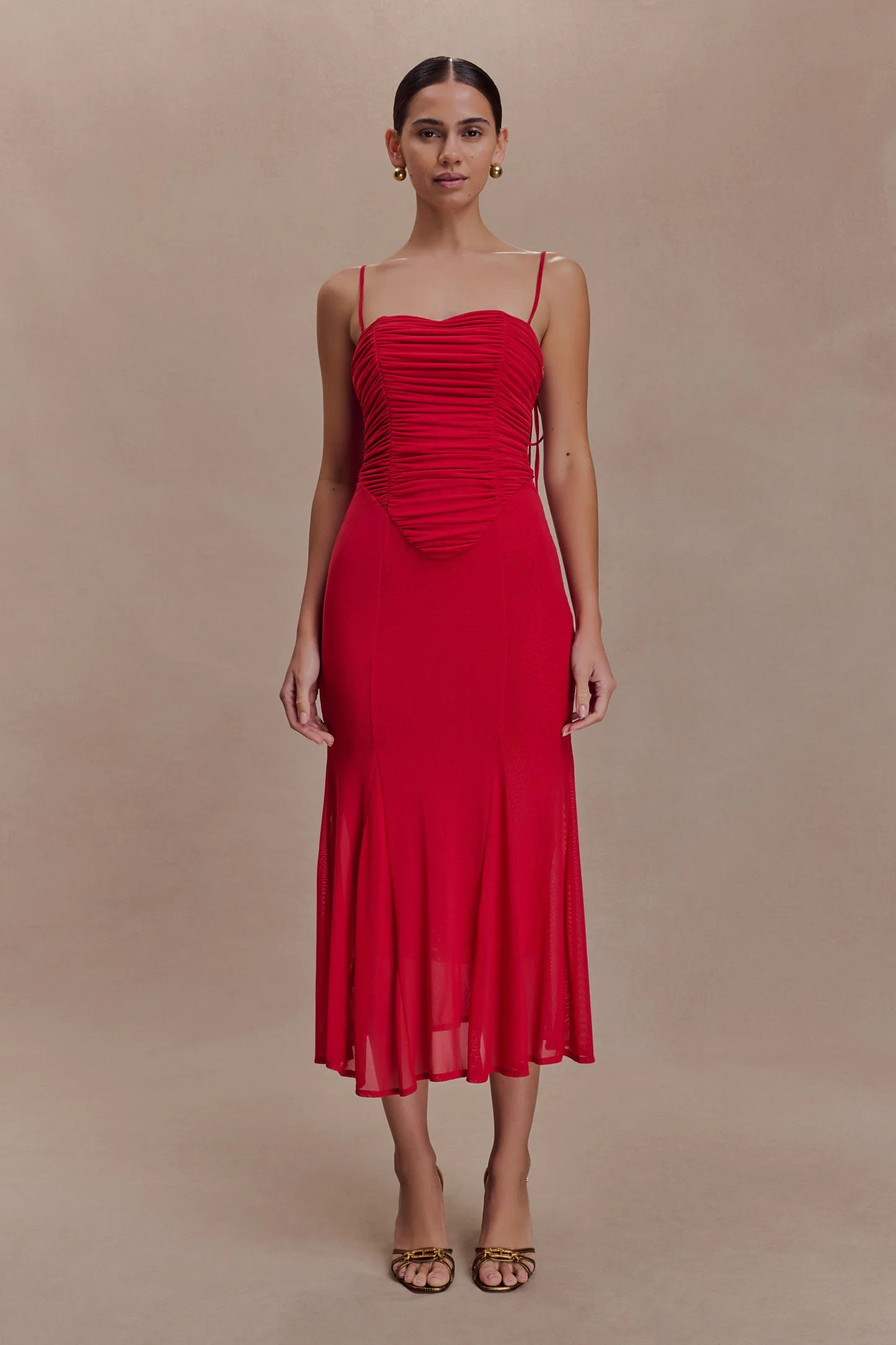 Gathered Mesh Midi Dress - Ruby Red | MESHKI US