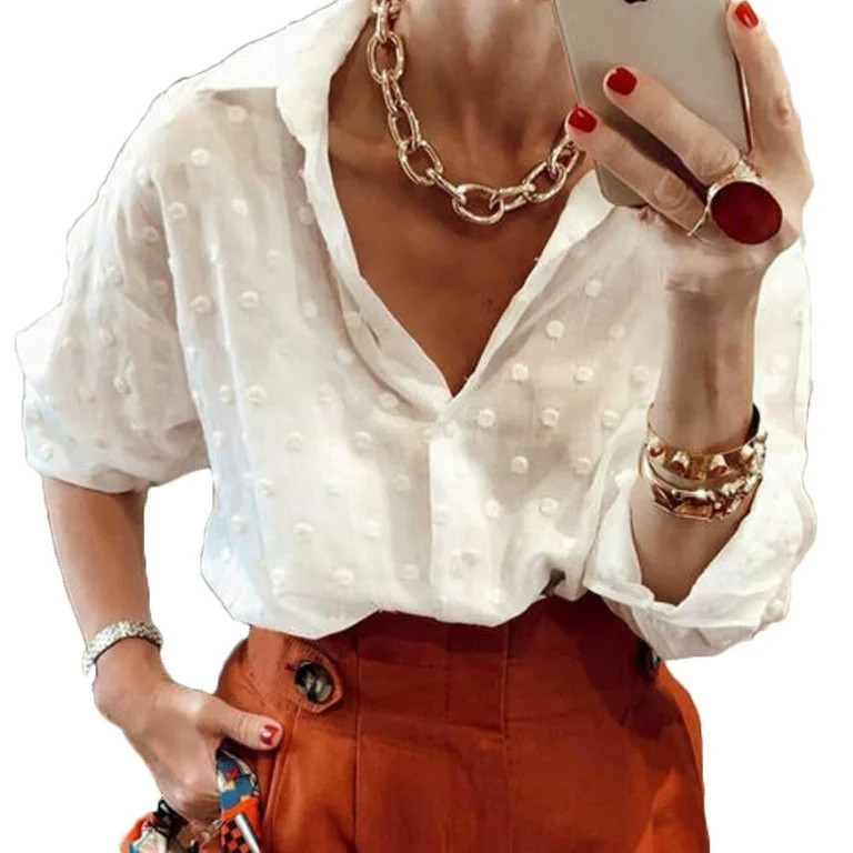 mlpeerw Womens Polka Dot Sheer Mesh Long Puff Sleeve Shirt Tops Loose Blouse | Walmart (US)