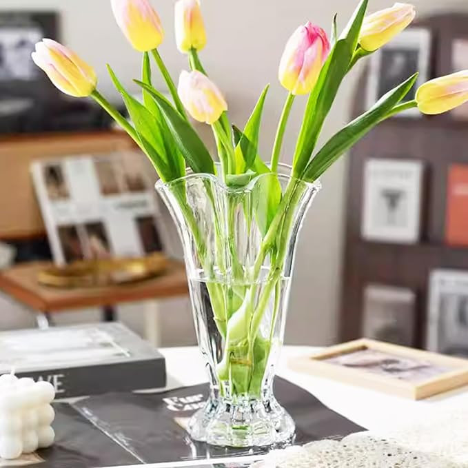 Vintage Ribbed Pedestal Glass Vase Esmiome 8.7in Embossed Big Heavy Thickened Crystal Clear Flowe... | Amazon (US)