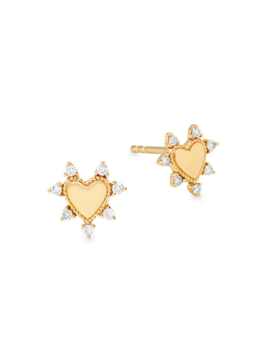 Mini 14K Yellow Gold & 0.106 TCW Diamond Heart Stud Earrings | Saks Fifth Avenue