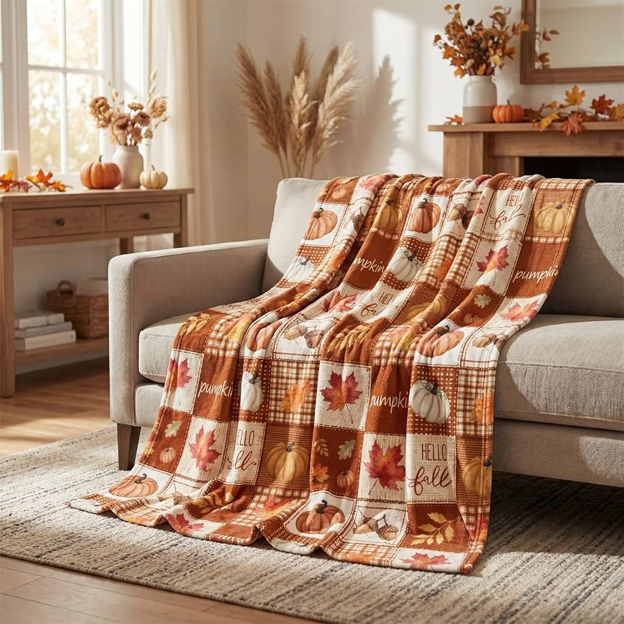 Horaldaily Fall Checked Pumpkin Leaves Flannel Throw Blanket 50x60 | Amazon (US)