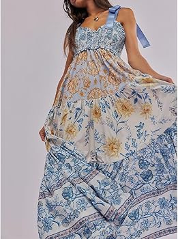 Women Floral Boho Sundress Tie Shoulder Smocked Patchwork Flowy Maxi Dresses with Pockets Summer ... | Amazon (US)