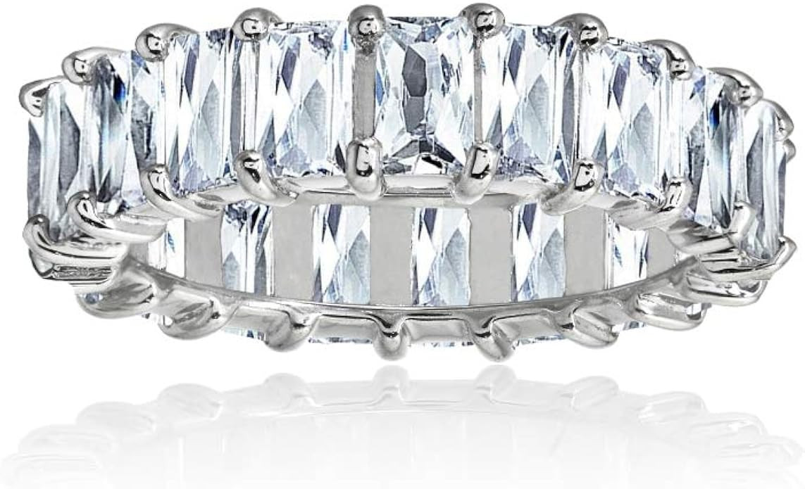 Sterling Silver Cubic Zirconia 5x3mm Baguette-Cut Anniversary Eternity Band Ring | Amazon (US)