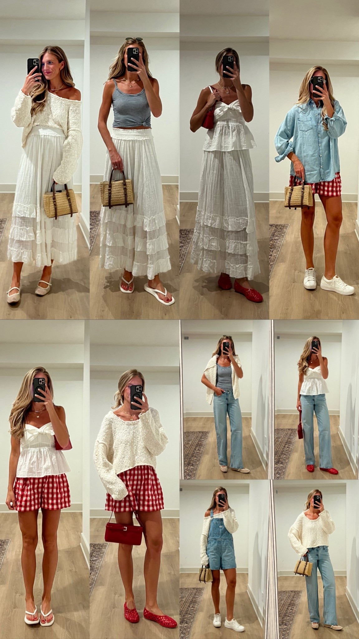 Vacation outfit for Nantucket Labor Day! 
Sizing:
Size smalls in all tops except medium tall in denim button up and medium in white sweater. Already runs bigger but I wanted extra length. 
Size small in skirt.
Wearing my true size 27x34 in the Levi’s jeans 
Size small in Levi’s overalls
Sized up to large in gingham swimsuit
Size small in red gingham shorts (size down)

Levi’s jeans, loose jeans, tall girl friendly, tall size, aritzia, free people, old navy, reef


#LTKStyleTip #LTKSeasonal