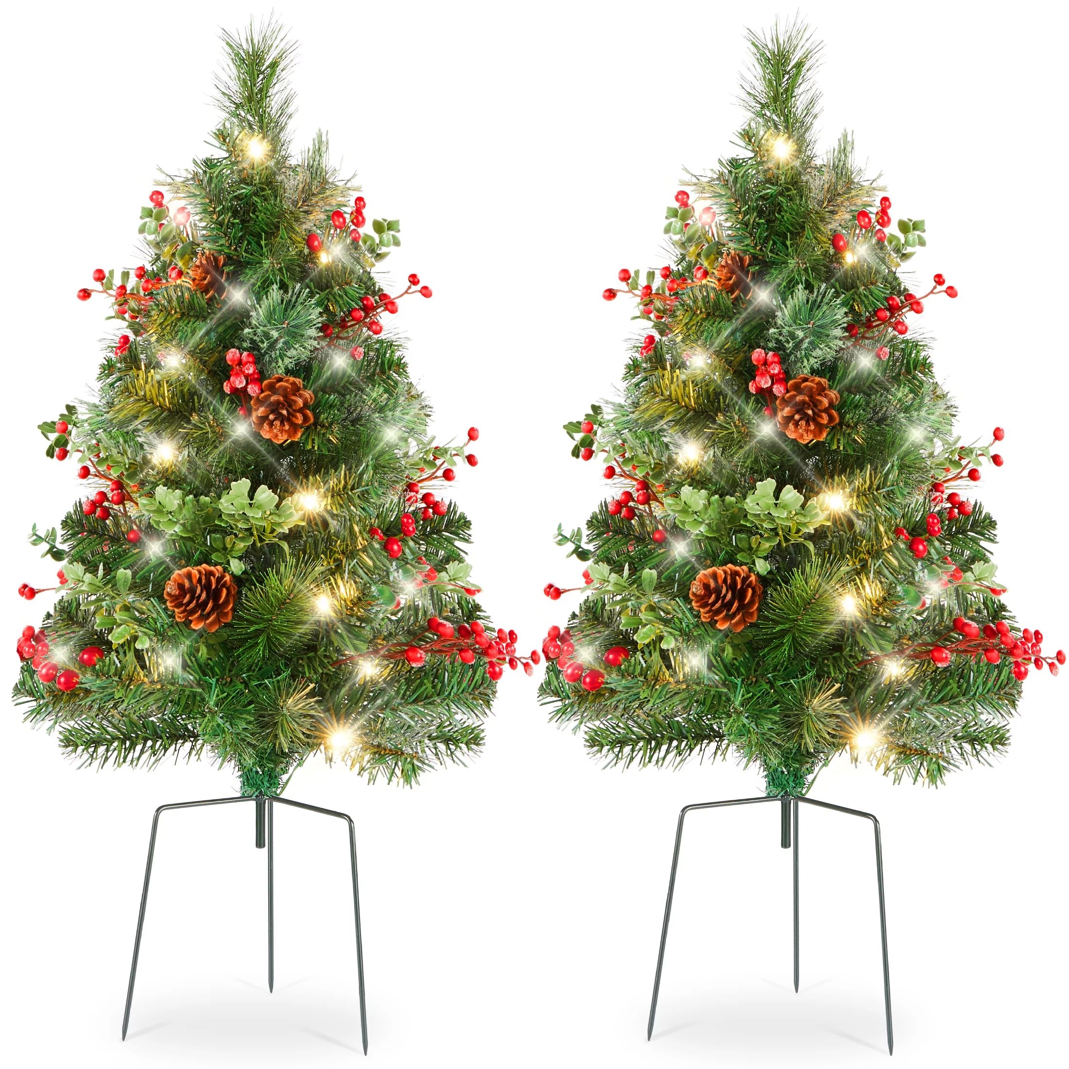 Best Choice Products Set of 2 24.5in Outdoor Pathway Christmas Trees Decor w/ LED Lights, Berries... | Walmart (US)