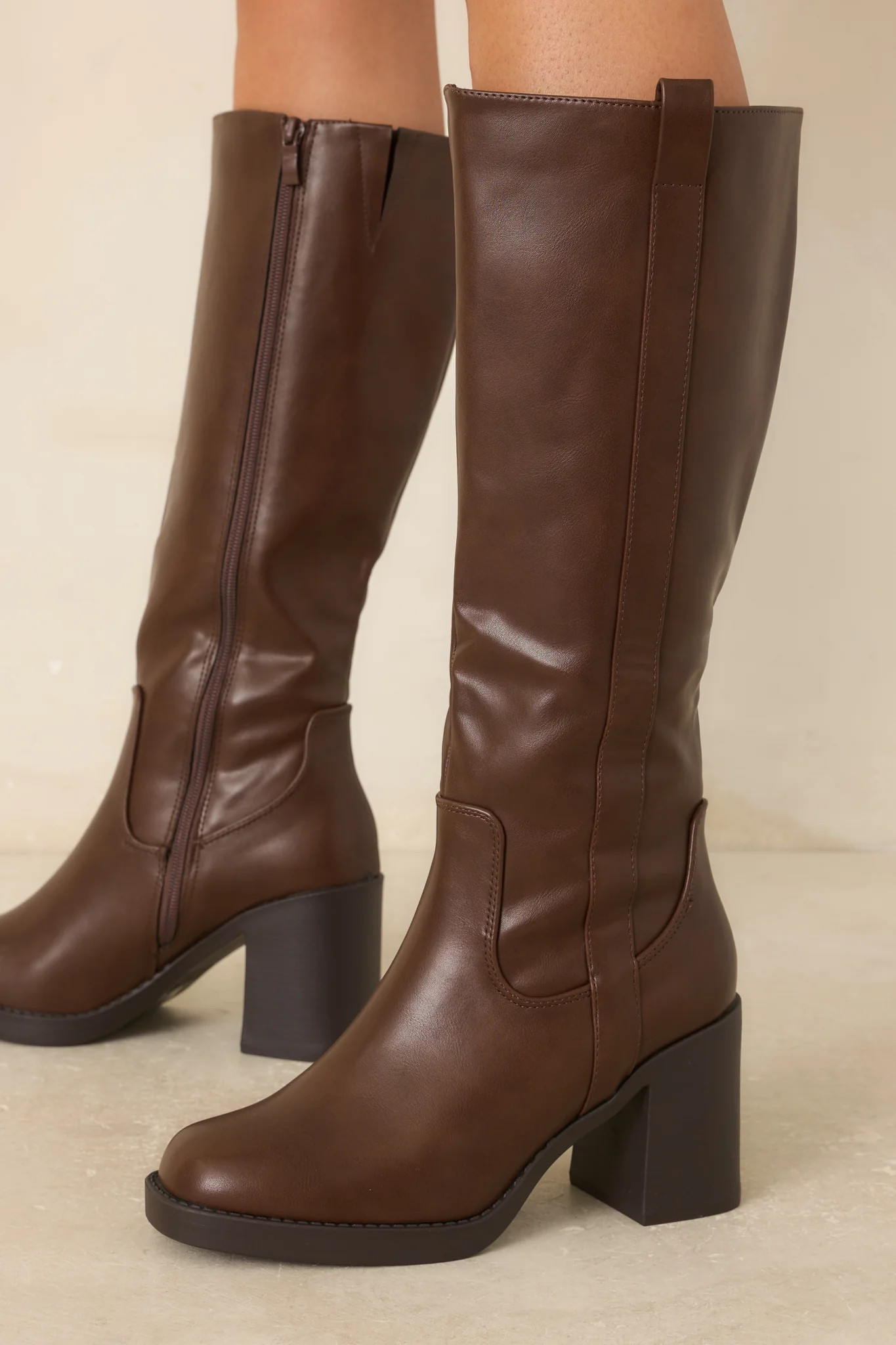 Tall Order Brown Faux Leather Knee High Boots | Red Dress