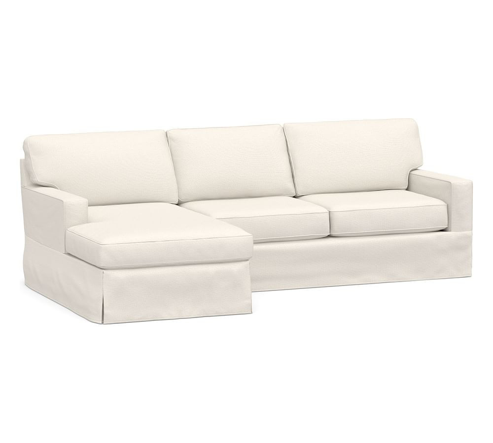 Buchanan Square Arm Slipcovered Right Sofa with Chaise Sectional, Polyester Wrapped Cushions, Performance Chateau Basketweave Ivory | Pottery Barn (US)