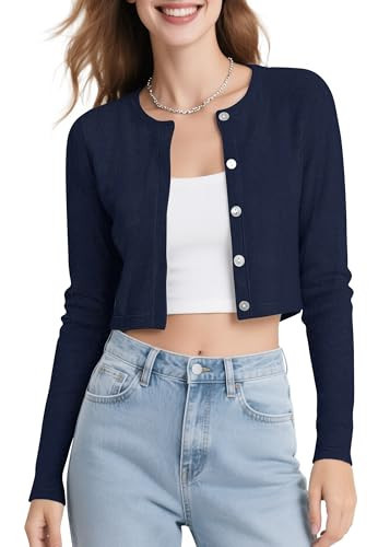Urban CoCo Women's Long Sleeve Button Up Cropped Cardigan Sweaters for Women Crew Neck Short Bolero Shrug for Dresses Navy Blue | Amazon (US)