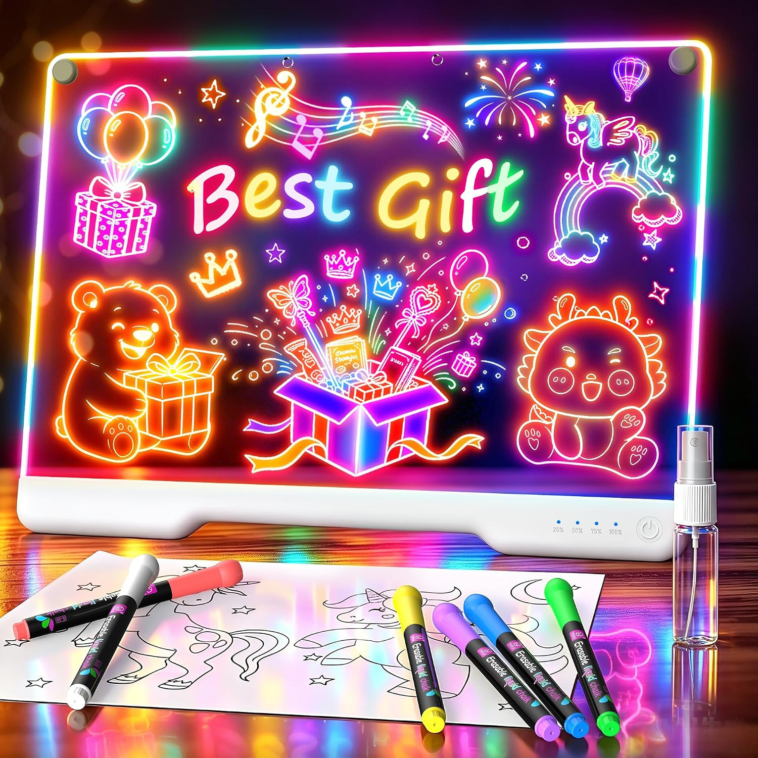 LED Drawing Board with 9 Light Effects, Rechargeable 16" Glow Doodle Note Message Board with Colors, Neon Light Up Drawing Pad Gift Ideas for Kids, Birthday, Christmas with Markers & Tracing Book | Amazon (US)