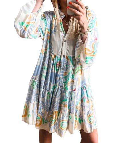 SELINK Womens Long Sleeve Dresses Casual V Neck Tribal Print Button Flowy Boho Mini Beach Dress | Amazon (US)