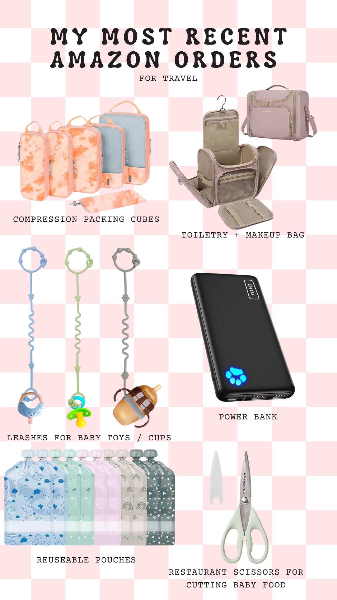 My most recent Amazon order! 
✨I’ve debated on compression packing cubes for a while but after our most recent dance competition I decided they are a must! 
✨I wanted to get a bigger bag that would hold our family toiletries & makeup so hopefully this is the answer! I love that it has a strap so I don’t have to put it in the suitcase. 
✨My son is 8 months old so he’s constantly dropping toys and his cup so I got these for when we are on the go so it doesn’t touch the floor. 🤢 
✨ a power bank for my devices! I can’t believe I’ve made it this far without one 😅
✨ reusable pouches for on the go snacks for my 4 year old AND 8 month old! 
✨ restaurant scissors! These come in so handy with little ones. From cutting food to cutting straws when they are too long. 🥳

#LTKfamily #LTKkids #LTKtravel