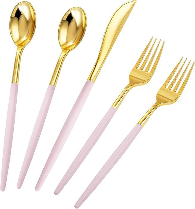 Rubtlamp 90Pcs Gold Plastic Silverware, Fancy Easter Utensils Set With Pink Handles Include 30 Go... | Amazon (US)