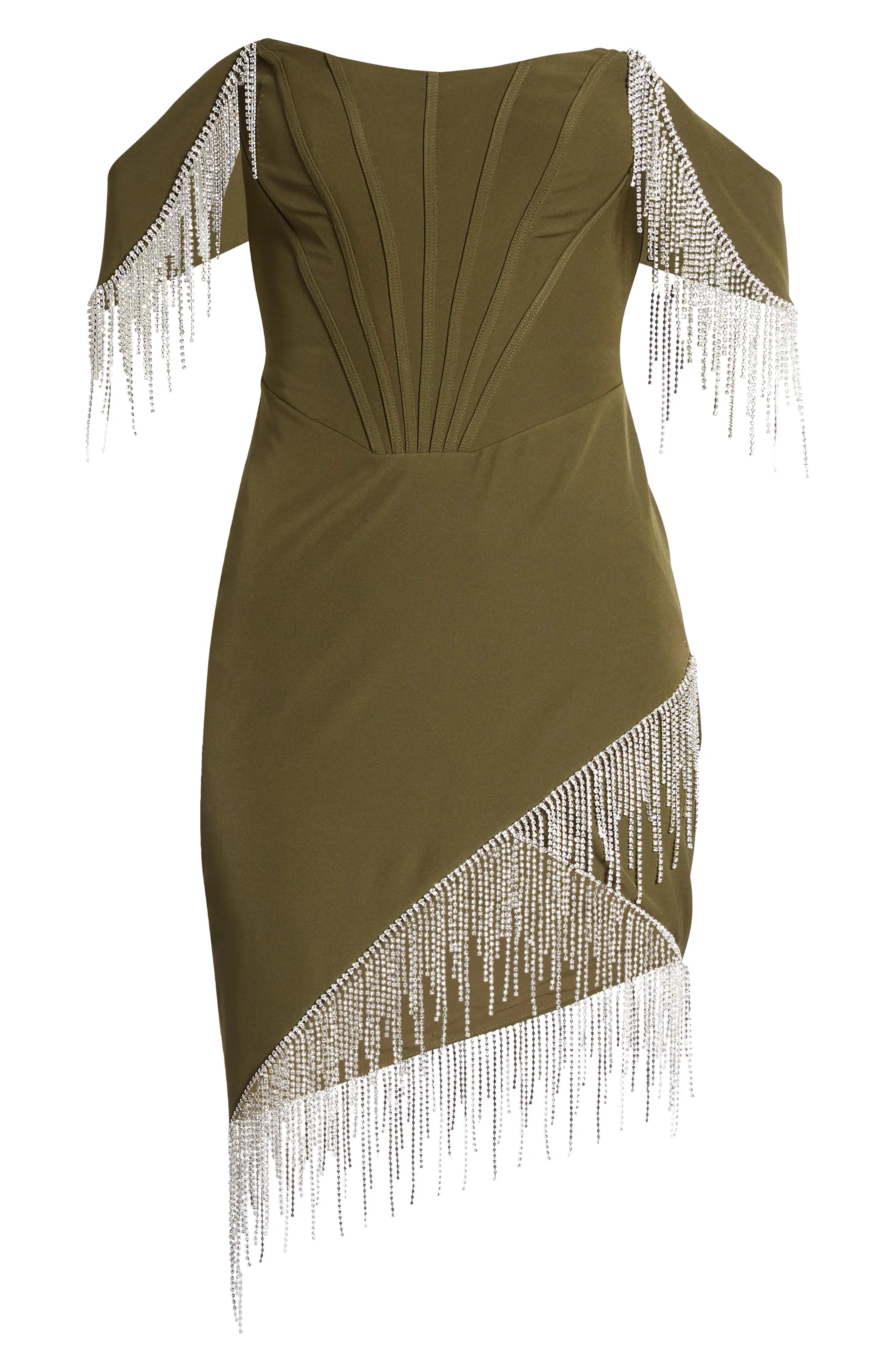 Lavish Alice Beaded Fringe Bardot Corset Dress in Khaki at Nordstrom, Size 14 | Nordstrom