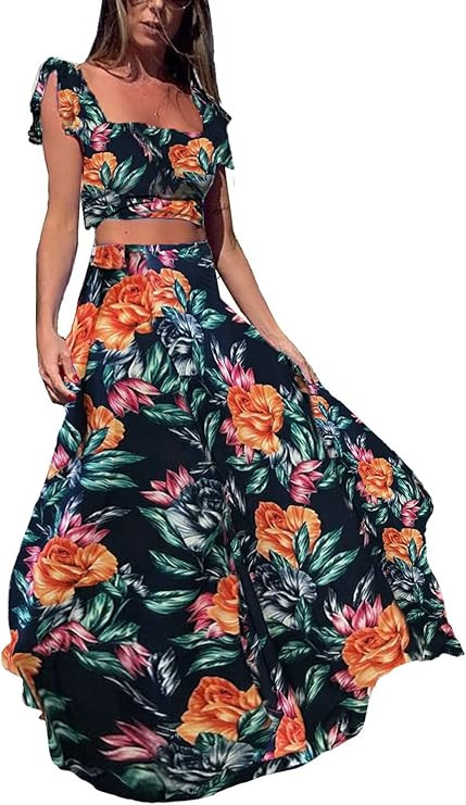 Vakkest Womens Summer Sexy 2 Pieces Outfits Ruffle Floral Tank Top Wrap Boho Tropical Long Skirt ... | Amazon (US)