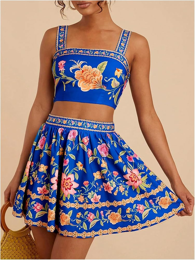 Floerns Women's Two Piece Outfit Tropical Crop Cami Top and Summer Skirts Set | Amazon (US)