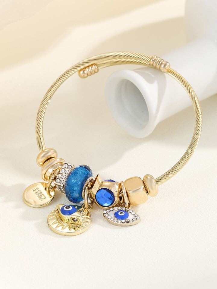 1pc Fashionable Stainless Steel Rhinestone Decor Eye & Round Charm Bangle For Women For Daily Decoration | SHEIN