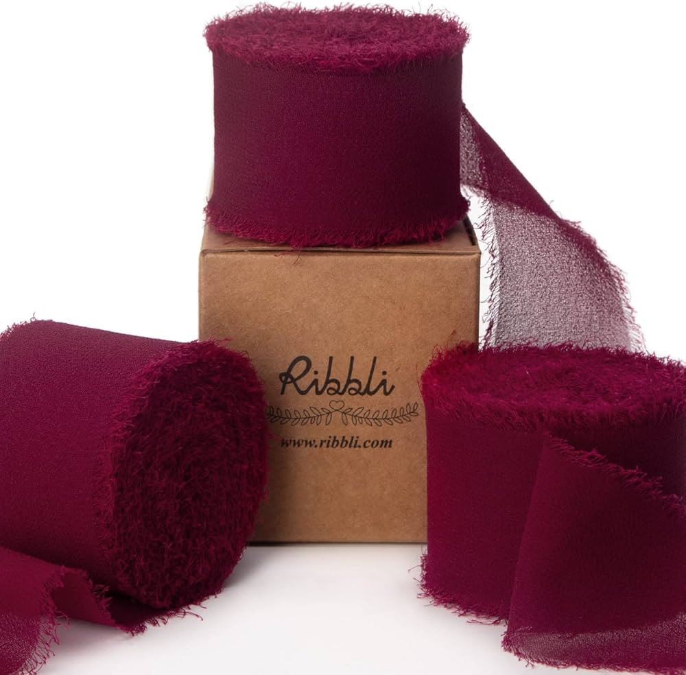 Ribbli Burgundy Chiffon Ribbon 1.5 inch x 30 Yard Handmade Silk Ribbon, Fringe Chiffon Ribbon for... | Amazon (US)